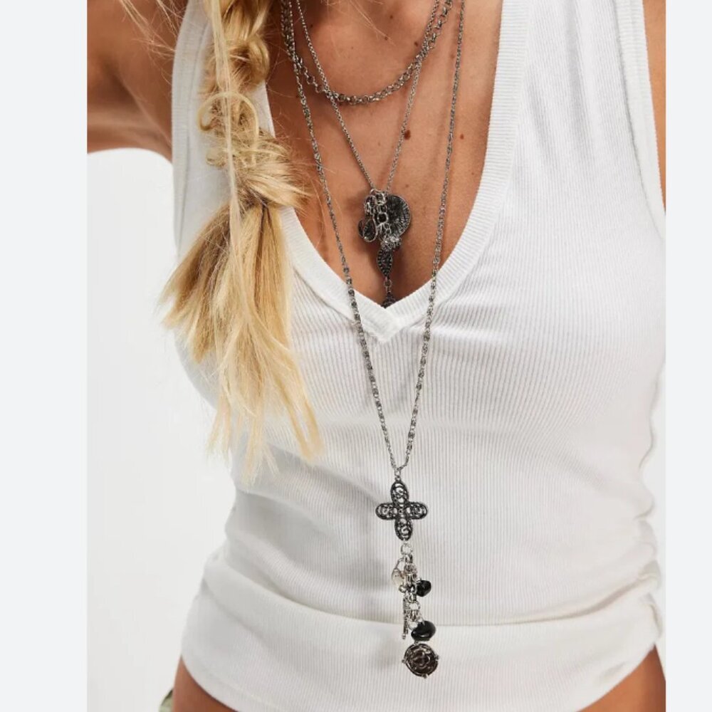 Free People Silver Layered Pendant Necklace Set